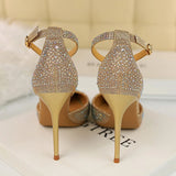 Sapato Sexy Women 10cm High Heels Sandals Wedding Glitter Bridal Heels Champagne Gold Pumps Fetish Stiletto Crystal Glitter Strap Shoes