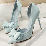 Sapato Women 7.5cm 10cm High Heels Korean Pumps Scarpins Cute Bow Middle Low Heels Lady Fetish Sweet Wedding Bridal Yellow Blue Shoes