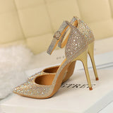 Sapato Sexy Women 10cm High Heels Sandals Wedding Glitter Bridal Heels Champagne Gold Pumps Fetish Stiletto Crystal Glitter Strap Shoes