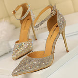 Sapato Sexy Women 10cm High Heels Sandals Wedding Glitter Bridal Heels Champagne Gold Pumps Fetish Stiletto Crystal Glitter Strap Shoes